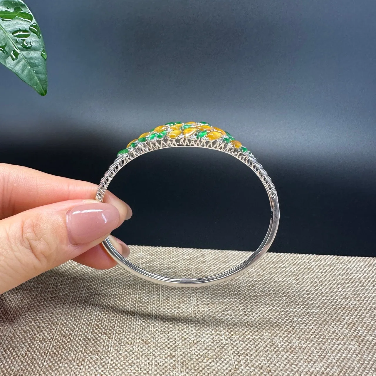 RealJade Luxury 18K White Gold Genuine Imperial Yellow & Green Jadeite Jade Bracelet