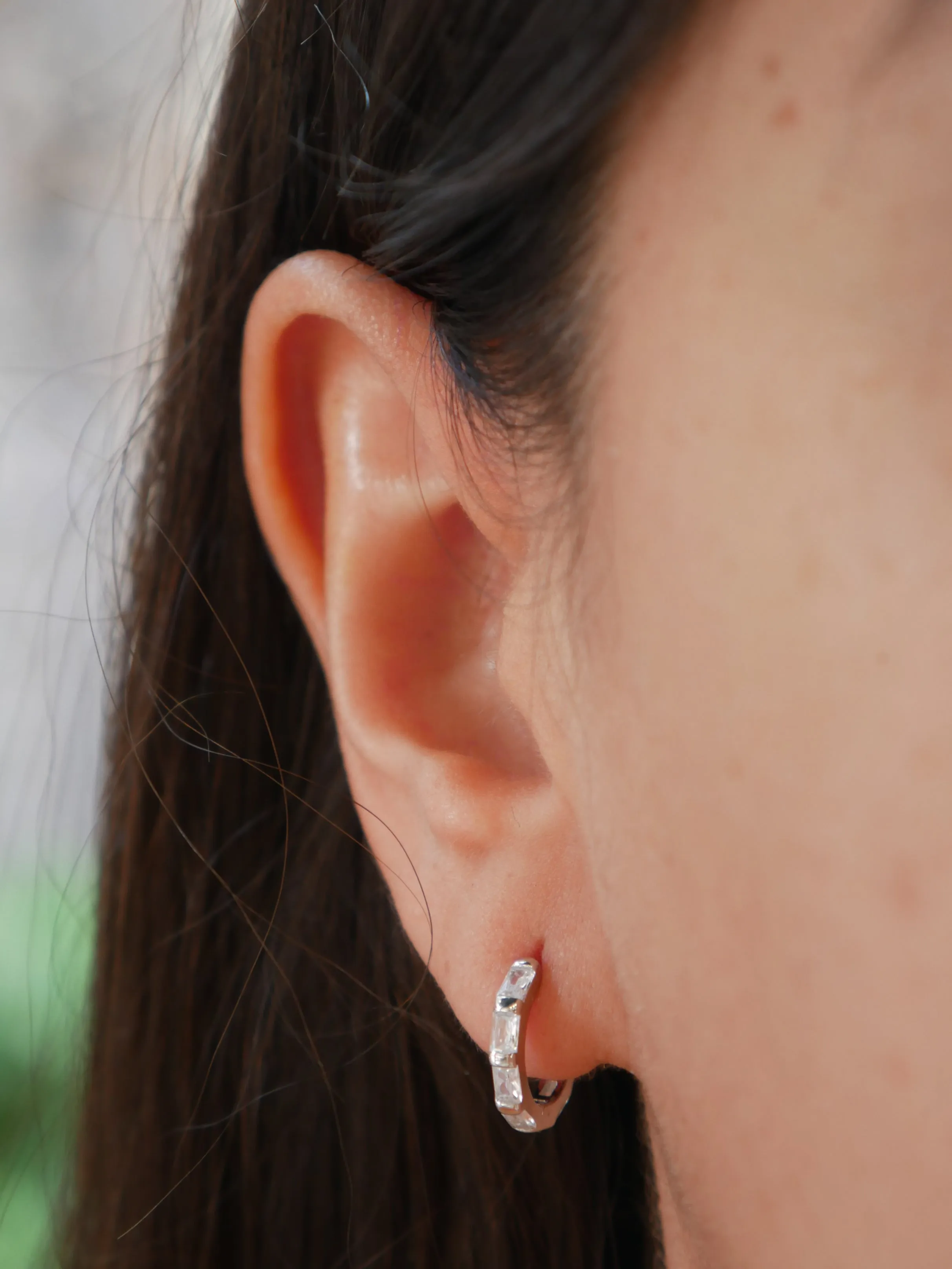 Rectangle Hoop Huggie Earrings .925 Sterling Silver Baguette Zircon
