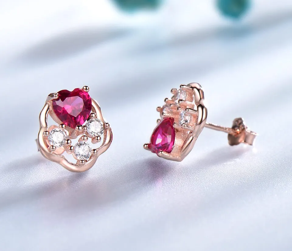 Red Ruby Heart Flower Sterling Silver Earrings