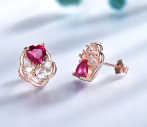 Red Ruby Heart Flower Sterling Silver Earrings