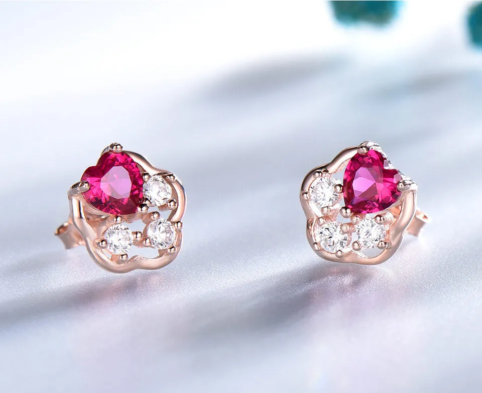 Red Ruby Heart Flower Sterling Silver Earrings