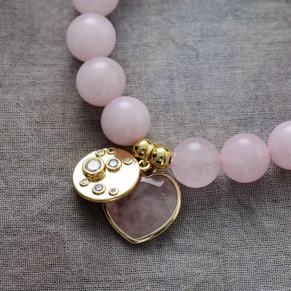 Rose Quartz Heart Charm & Beads Stretchy Bracelet