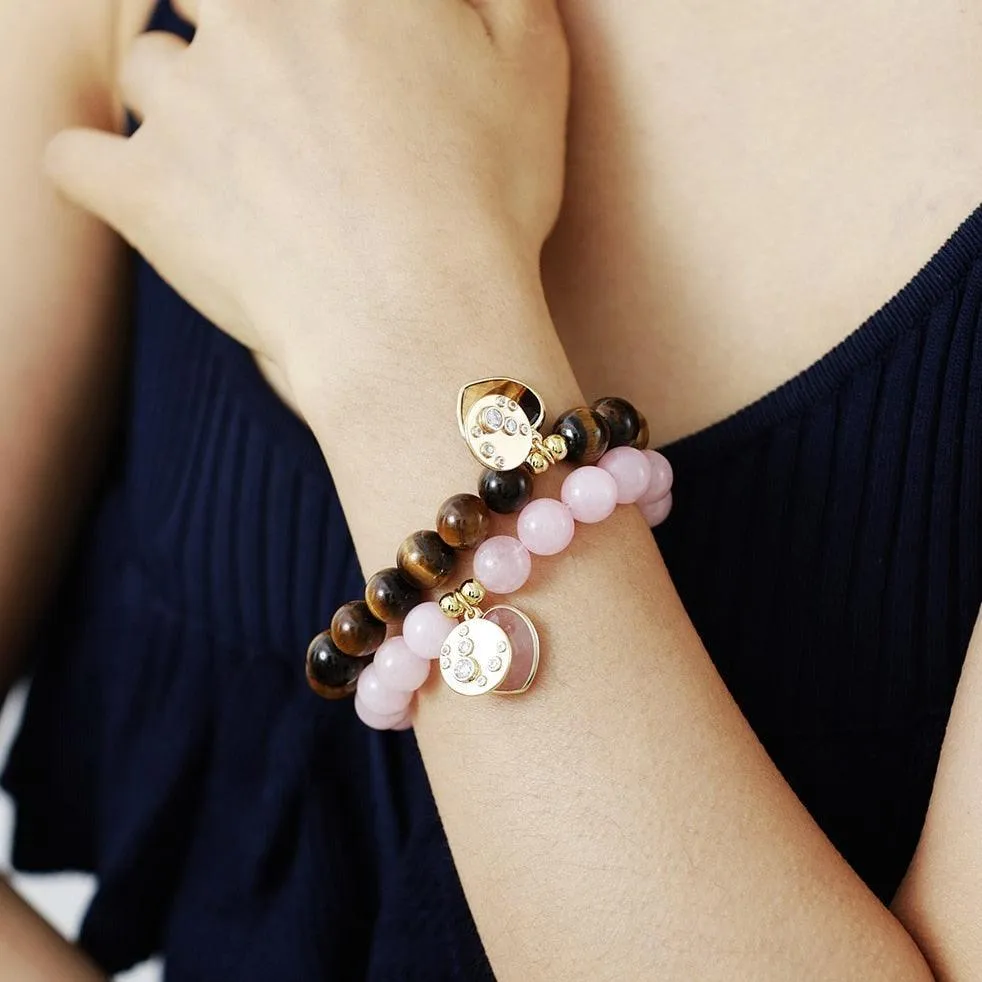 Rose Quartz Heart Charm & Beads Stretchy Bracelet