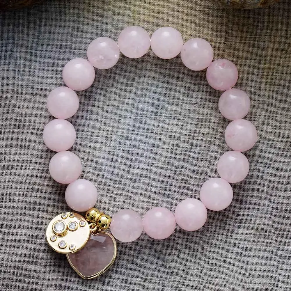 Rose Quartz Heart Charm & Beads Stretchy Bracelet