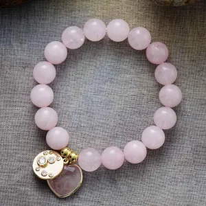 Rose Quartz Heart Charm & Beads Stretchy Bracelet