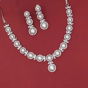 Round Neck Pearl Zircon/AD Necklace Set 16582-31