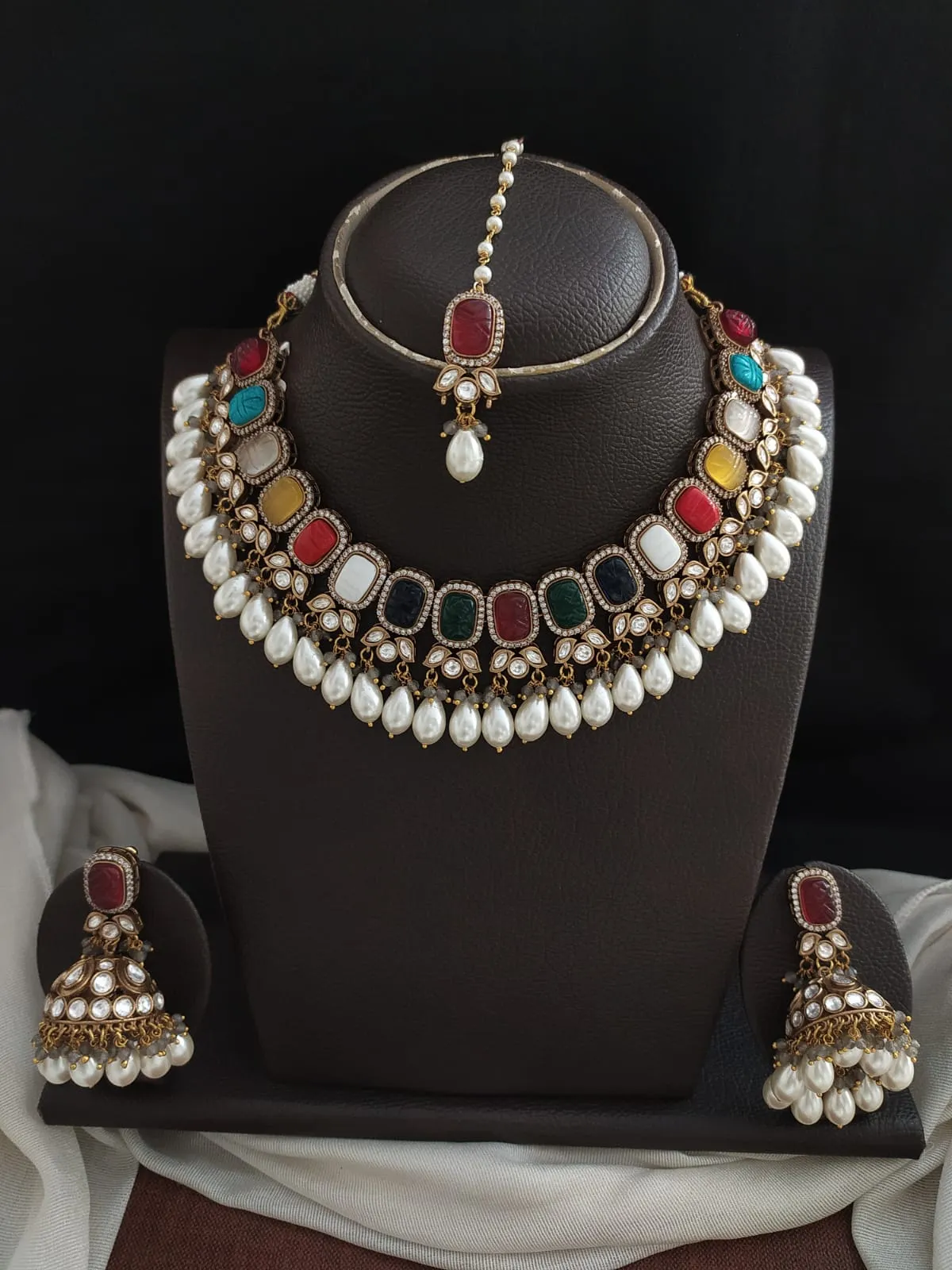 Ruby & Navratna Stones Victorian Necklace Set