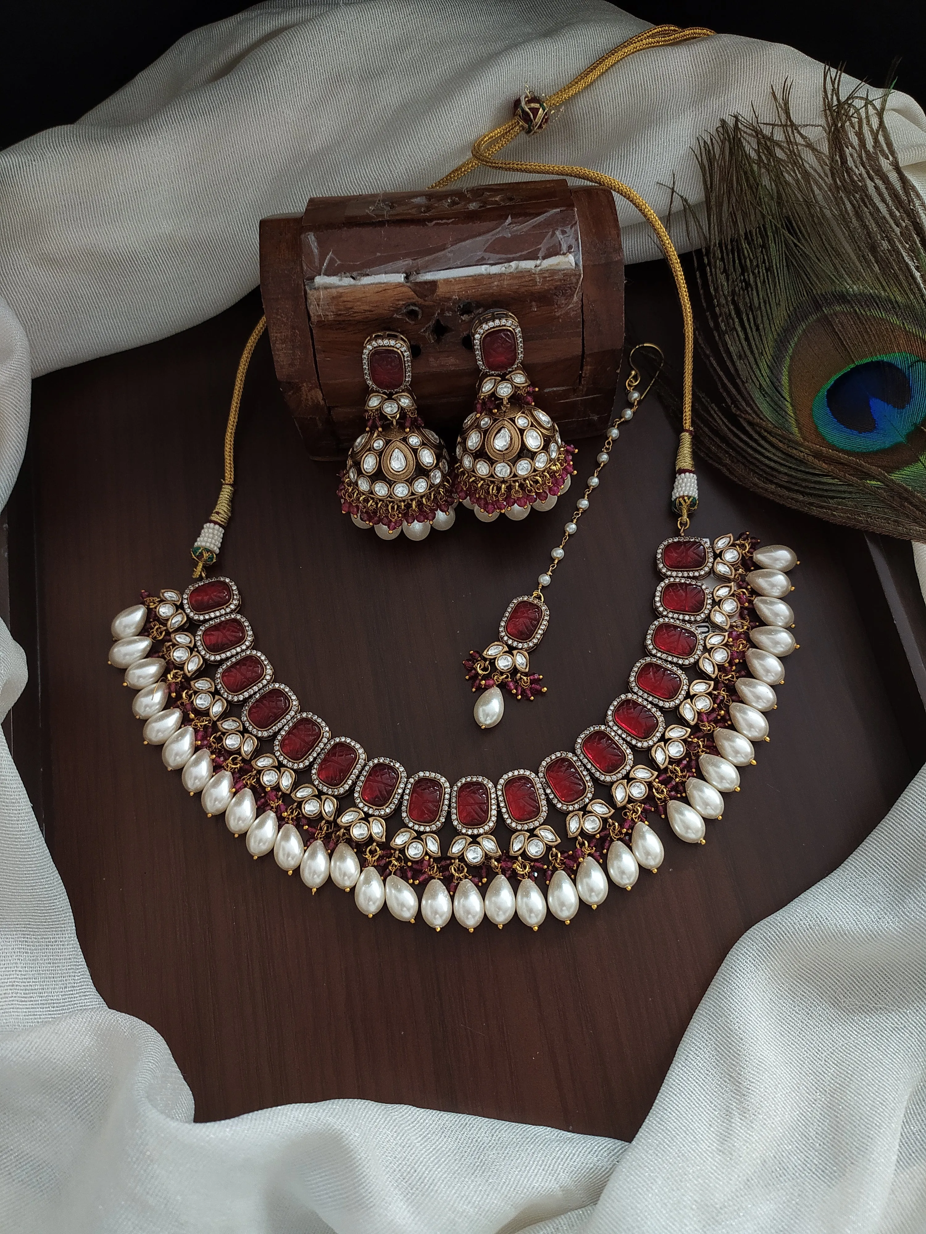 Ruby & Navratna Stones Victorian Necklace Set