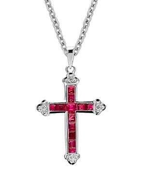 Ruby Pendant - 10ct White Gold Ruby & Diamond Cross Pendant - 784566