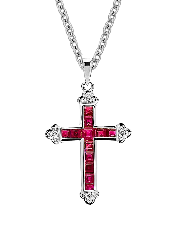 Ruby Pendant - 10ct White Gold Ruby & Diamond Cross Pendant - 784566