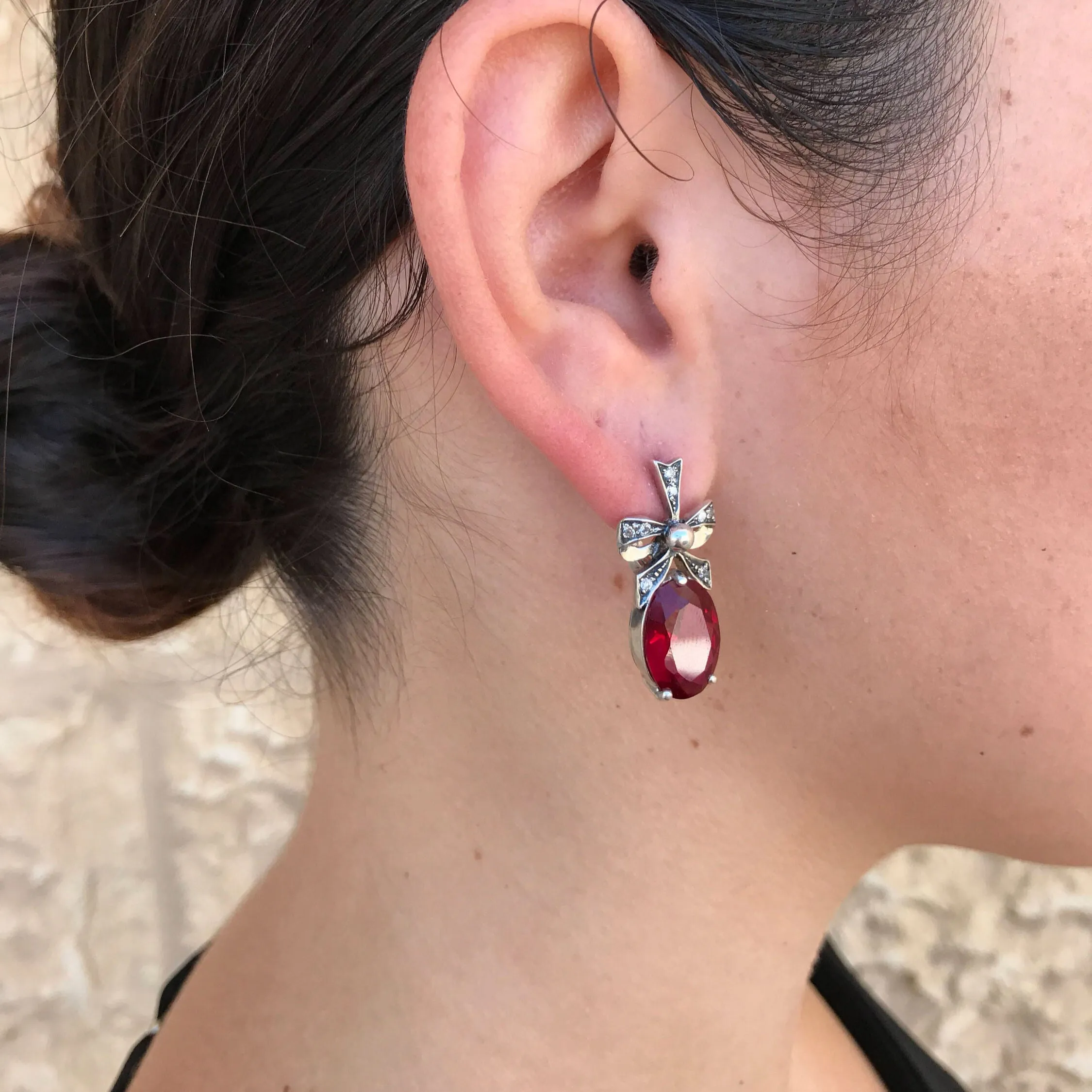 Ruby Statement Earrings - Ribbon Drop Earrings - Red Solitaire Earrings