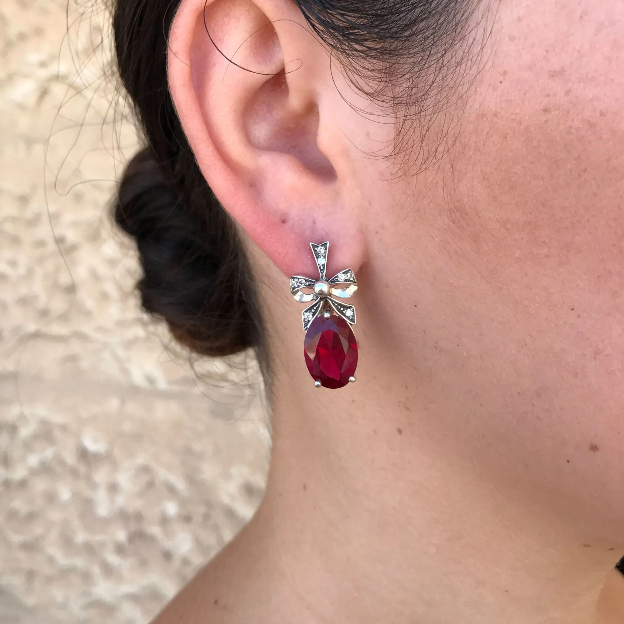 Ruby Statement Earrings - Ribbon Drop Earrings - Red Solitaire Earrings