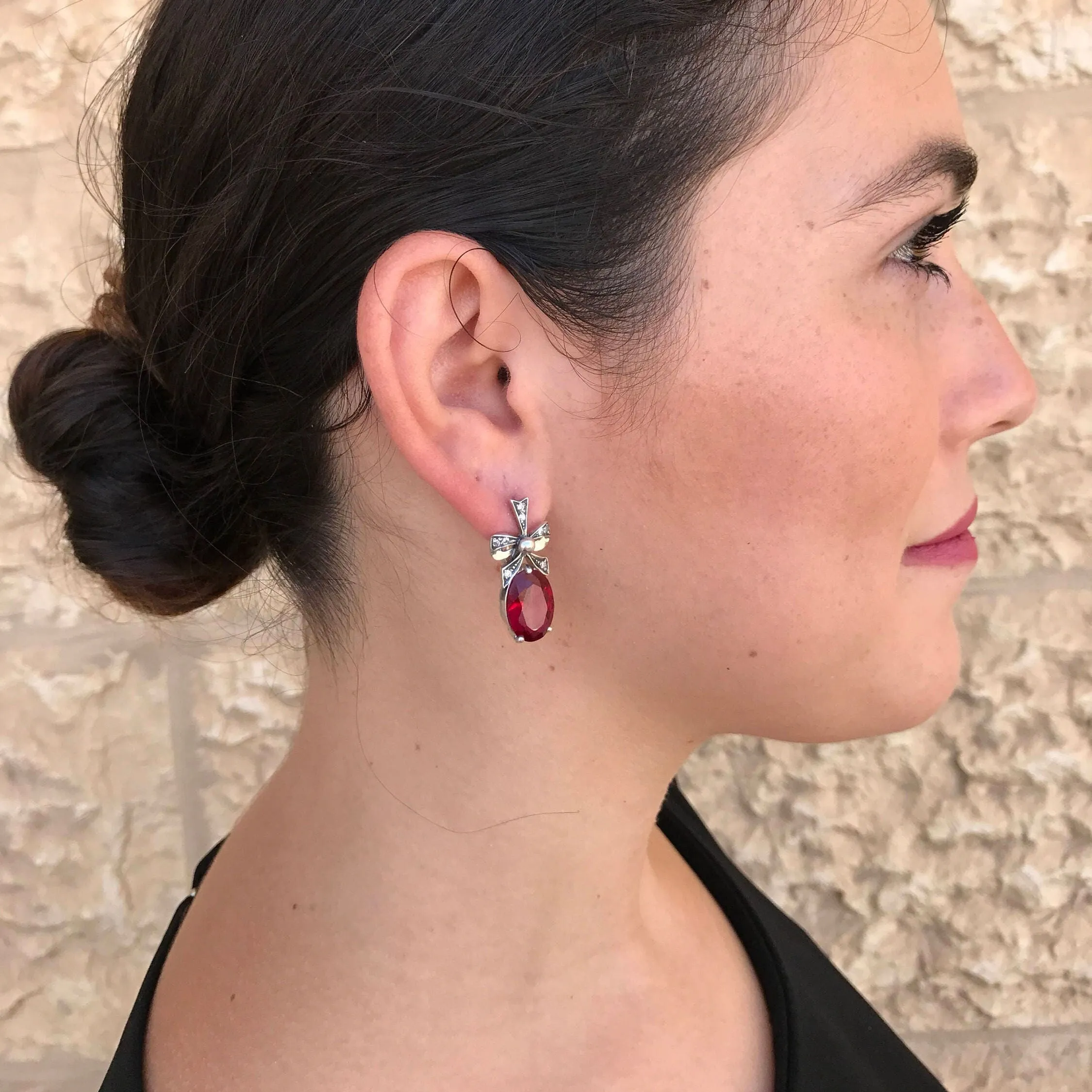 Ruby Statement Earrings - Ribbon Drop Earrings - Red Solitaire Earrings