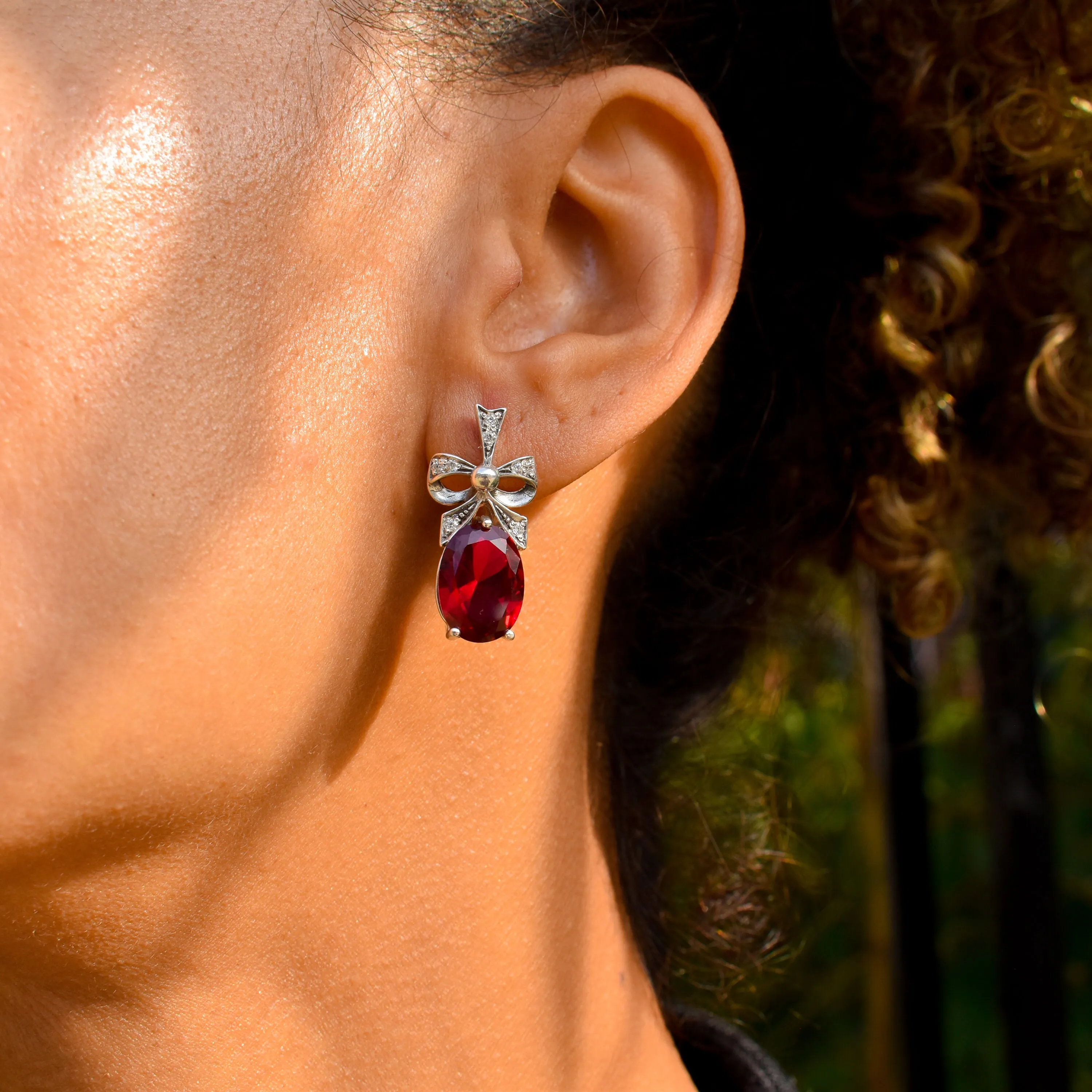 Ruby Statement Earrings - Ribbon Drop Earrings - Red Solitaire Earrings