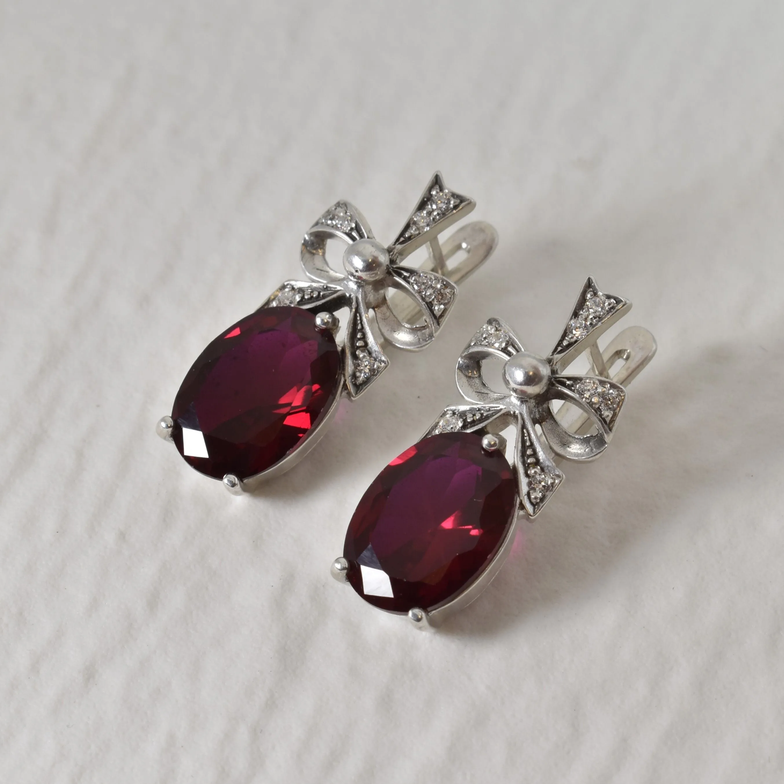 Ruby Statement Earrings - Ribbon Drop Earrings - Red Solitaire Earrings