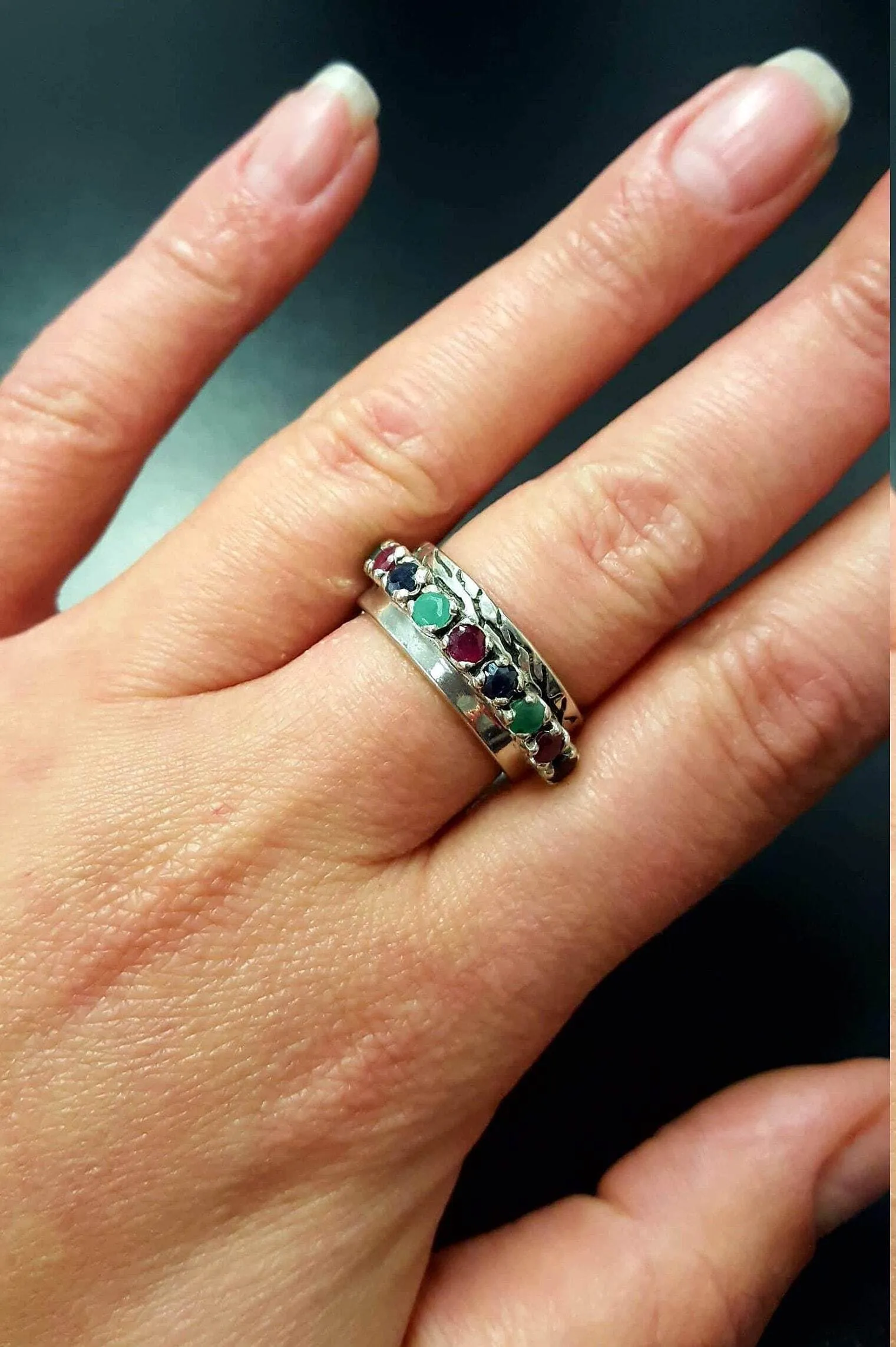 Sapphire Wide Band - Half Eternity Ring - Multistone Silver Ring