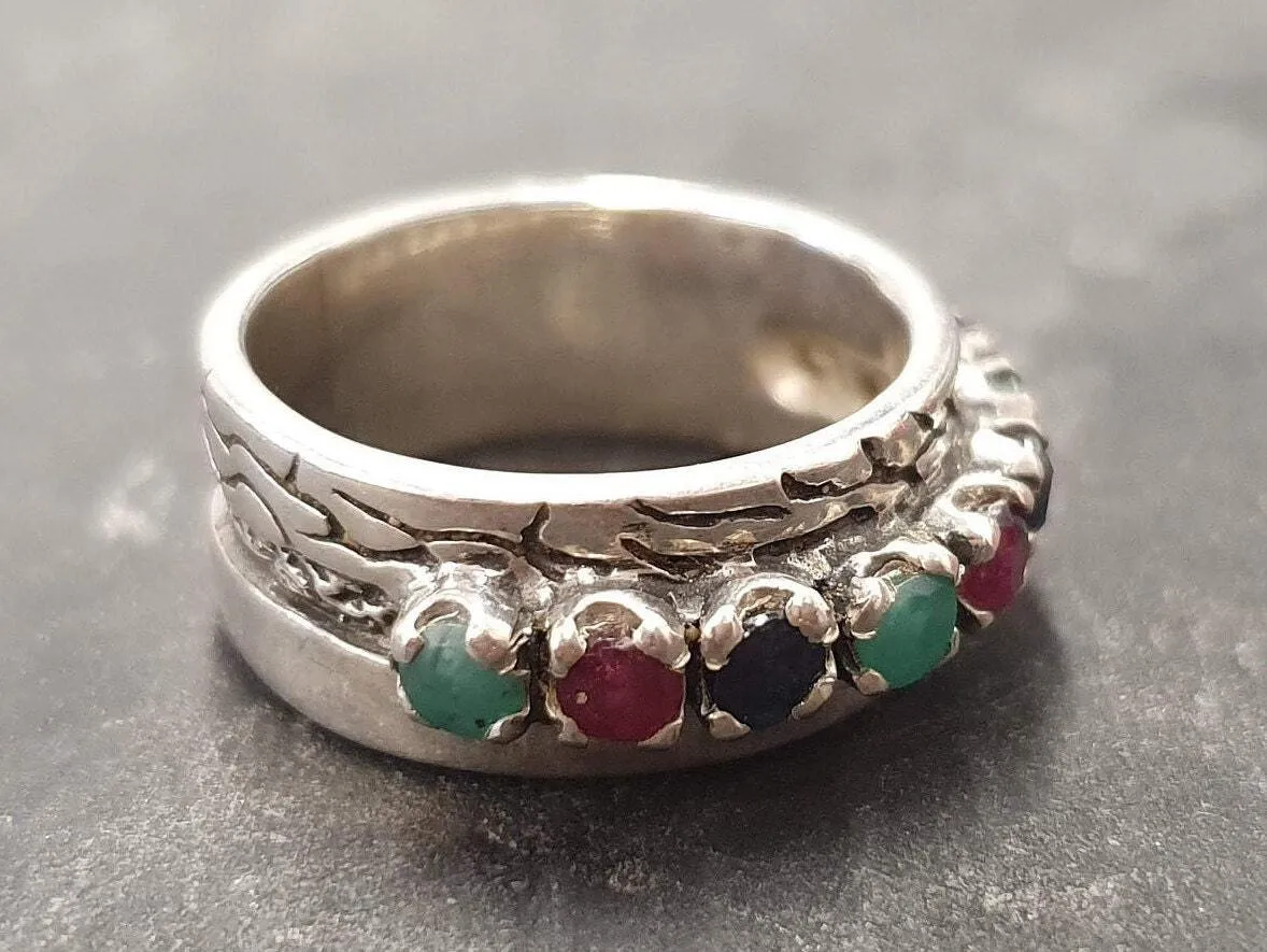 Sapphire Wide Band - Half Eternity Ring - Multistone Silver Ring