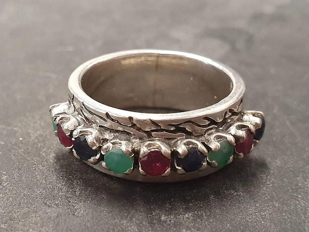 Sapphire Wide Band - Half Eternity Ring - Multistone Silver Ring