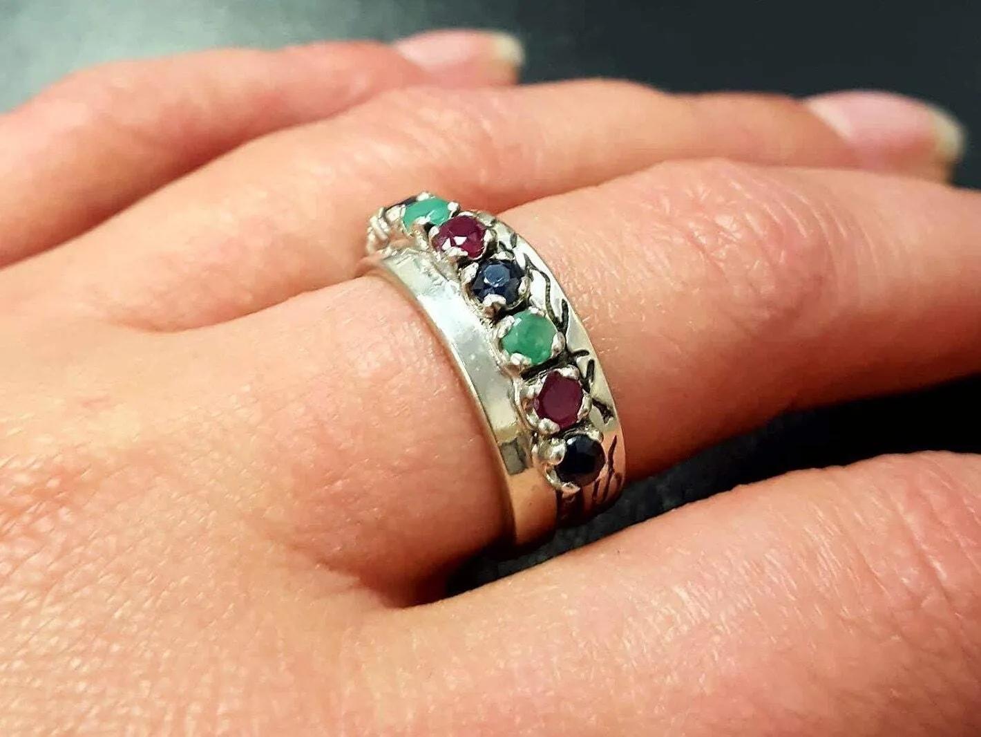 Sapphire Wide Band - Half Eternity Ring - Multistone Silver Ring