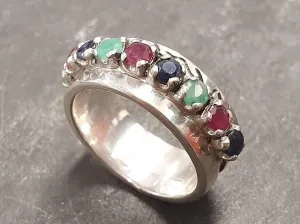Sapphire Wide Band - Half Eternity Ring - Multistone Silver Ring