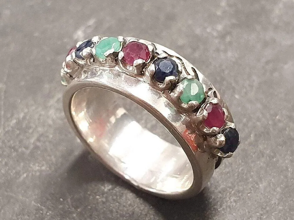 Sapphire Wide Band - Half Eternity Ring - Multistone Silver Ring