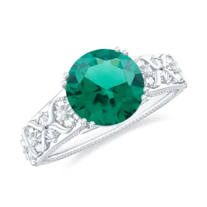 Solitaire Created Emerald Flower Engagement Ring with Diamond