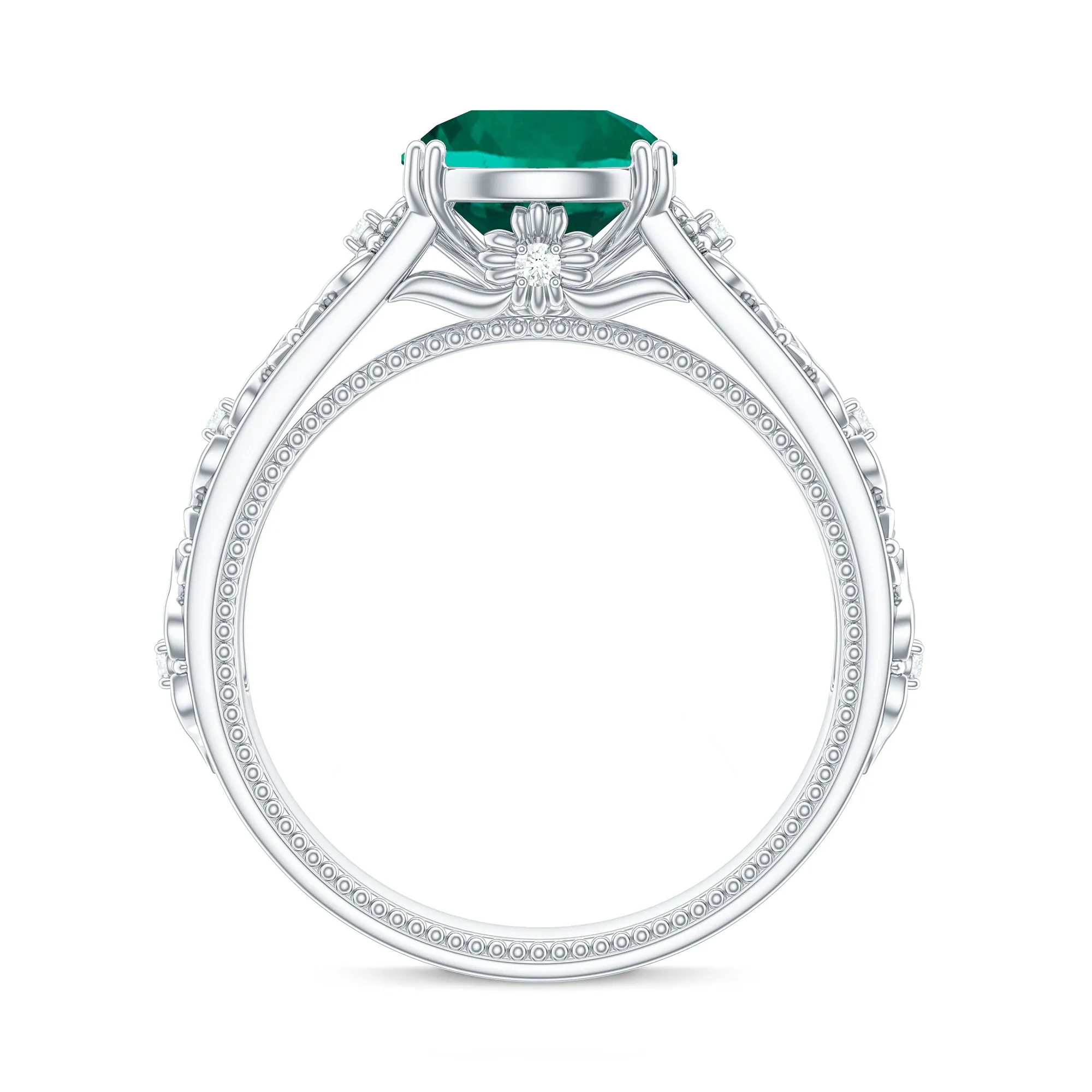 Solitaire Created Emerald Flower Engagement Ring with Diamond
