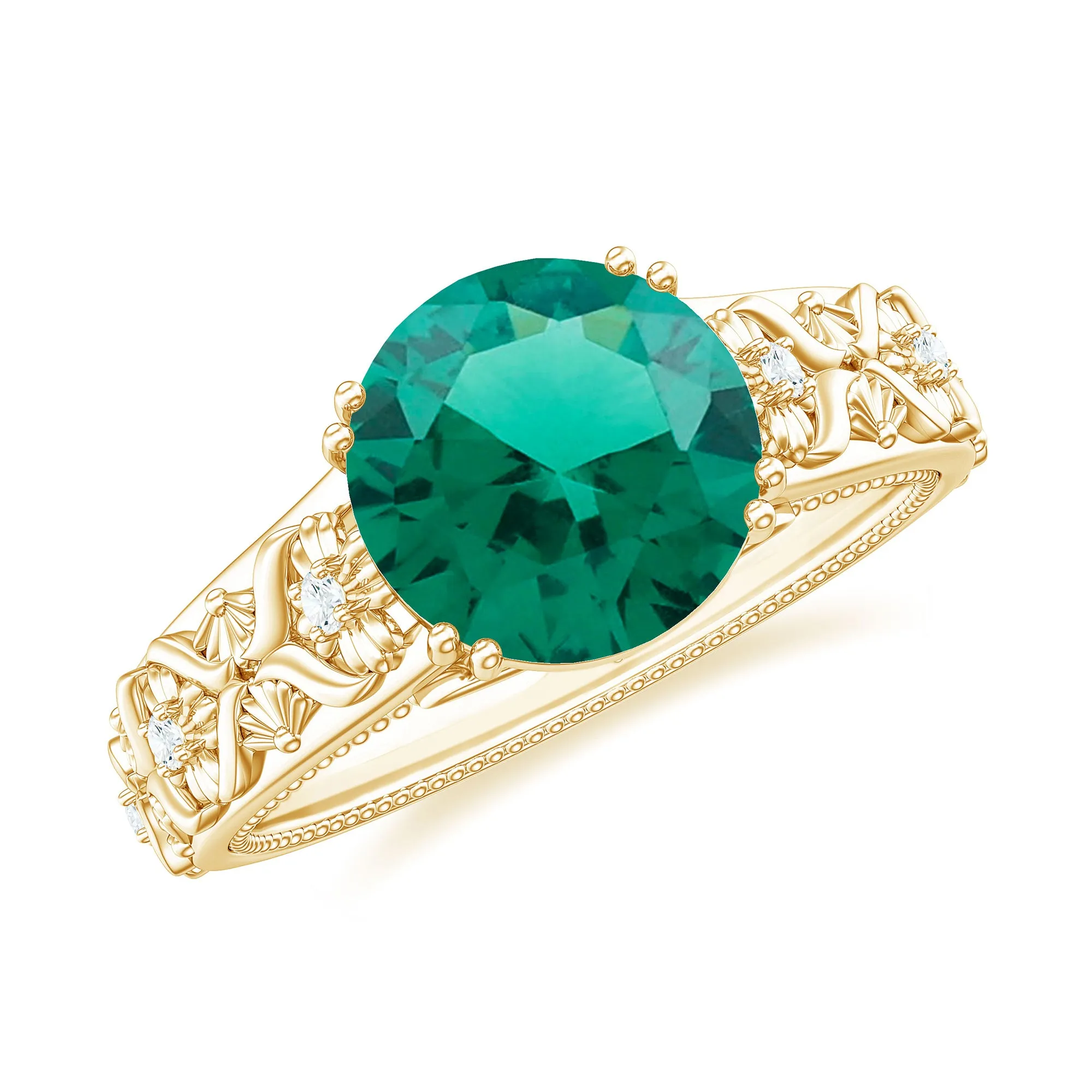 Solitaire Created Emerald Flower Engagement Ring with Diamond