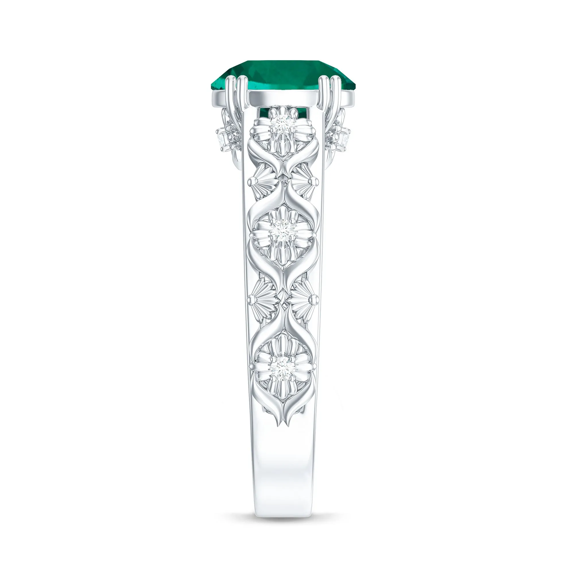 Solitaire Created Emerald Flower Engagement Ring with Diamond