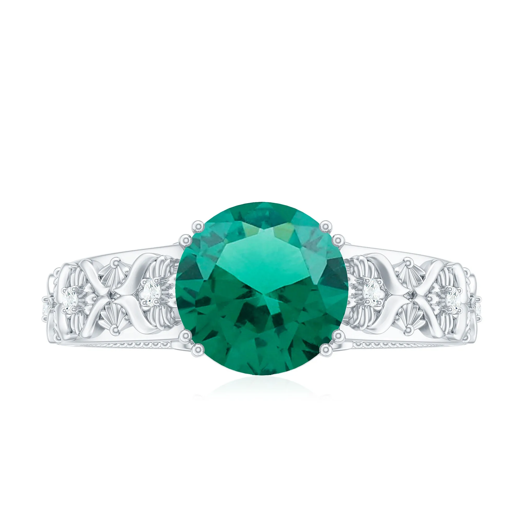 Solitaire Created Emerald Flower Engagement Ring with Diamond