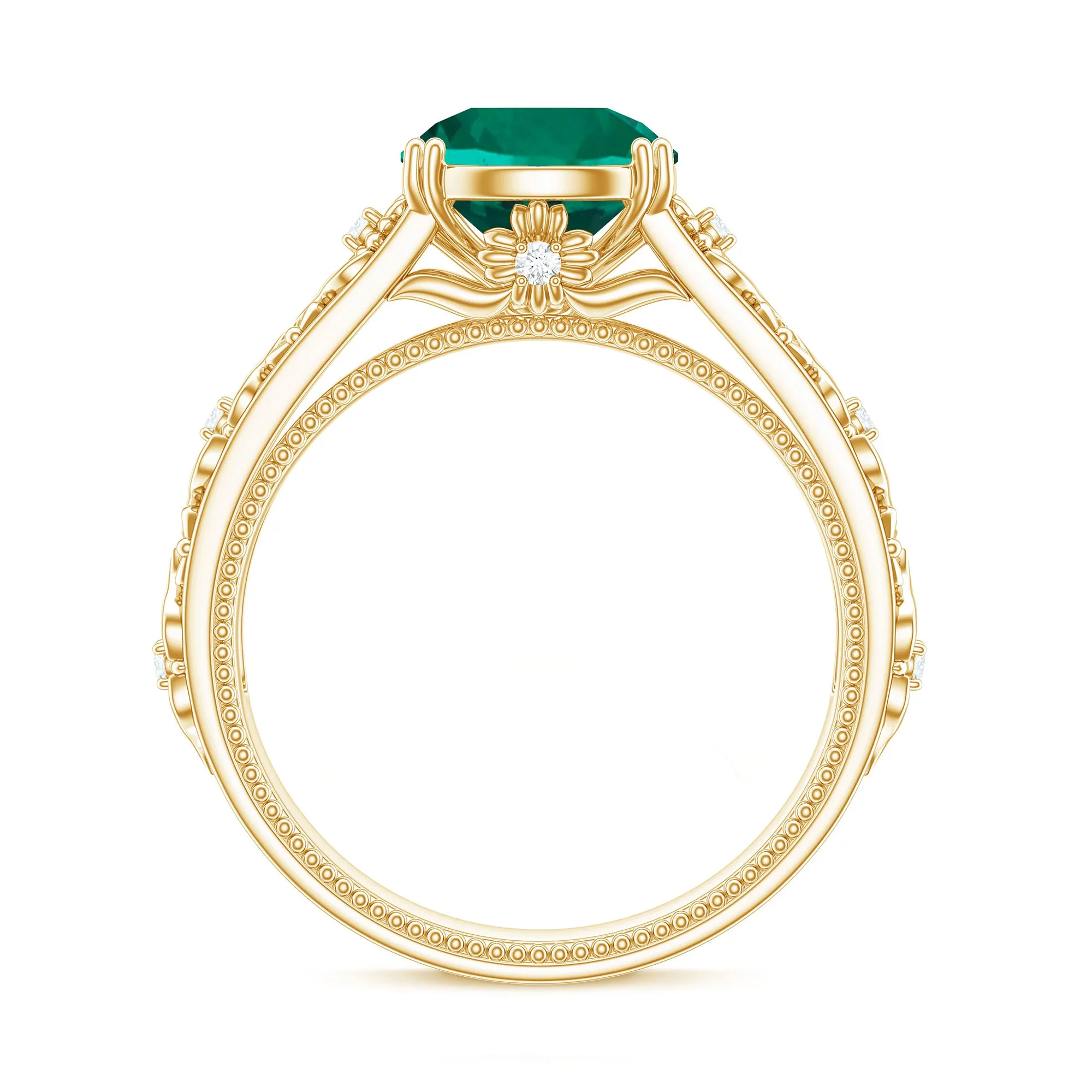 Solitaire Created Emerald Flower Engagement Ring with Diamond