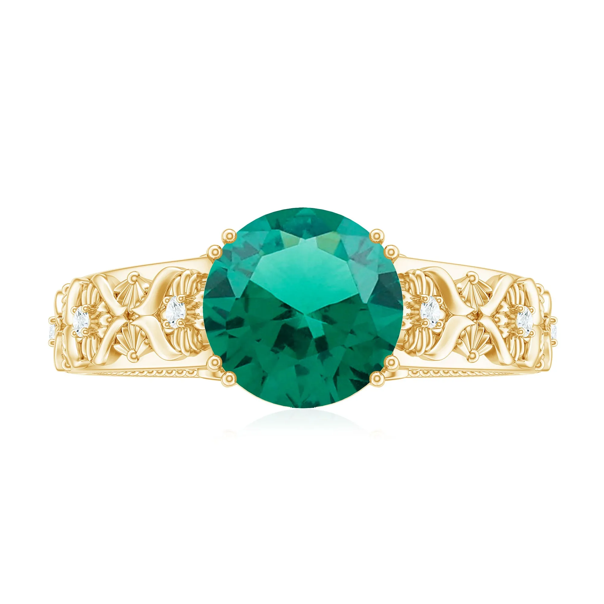 Solitaire Created Emerald Flower Engagement Ring with Diamond