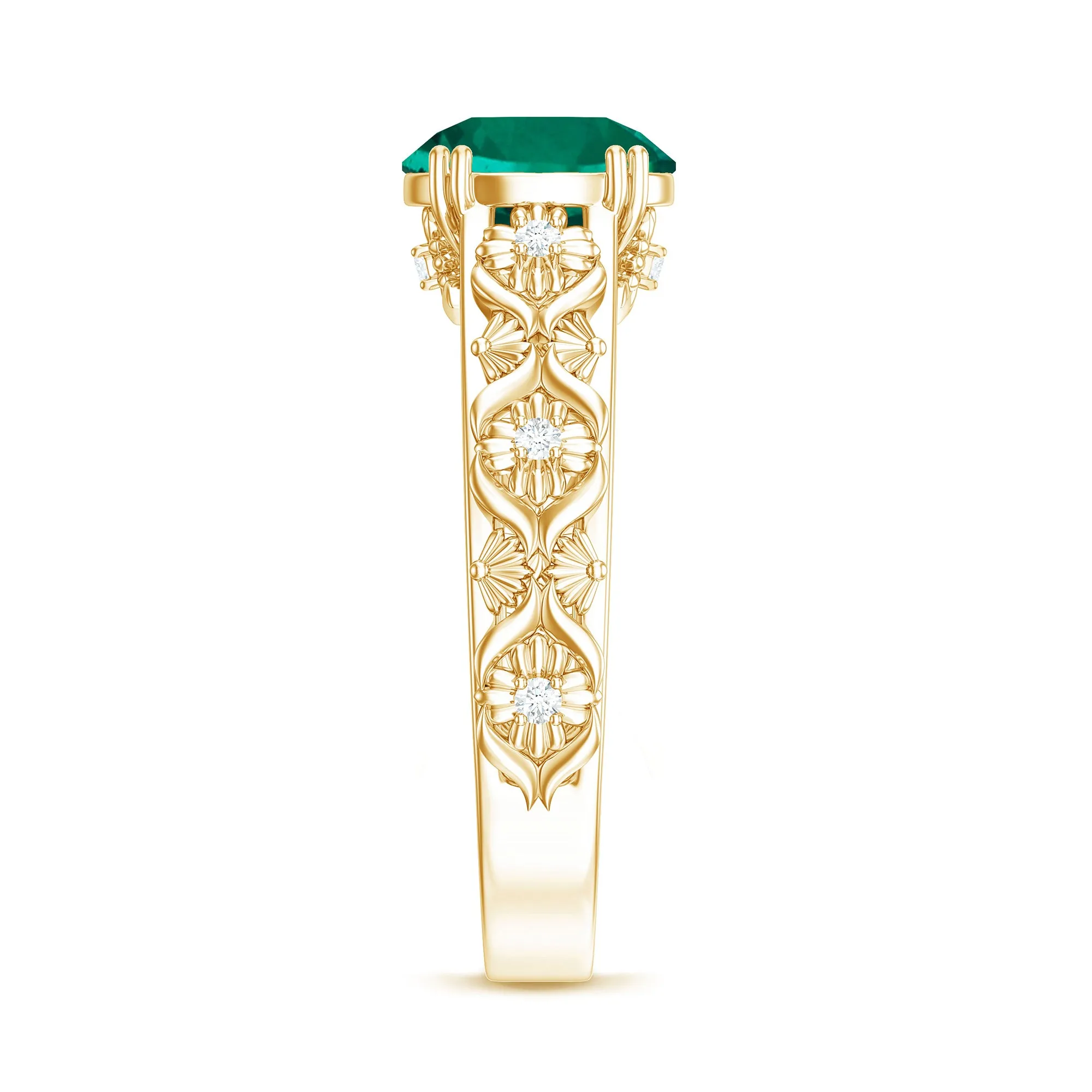 Solitaire Created Emerald Flower Engagement Ring with Diamond