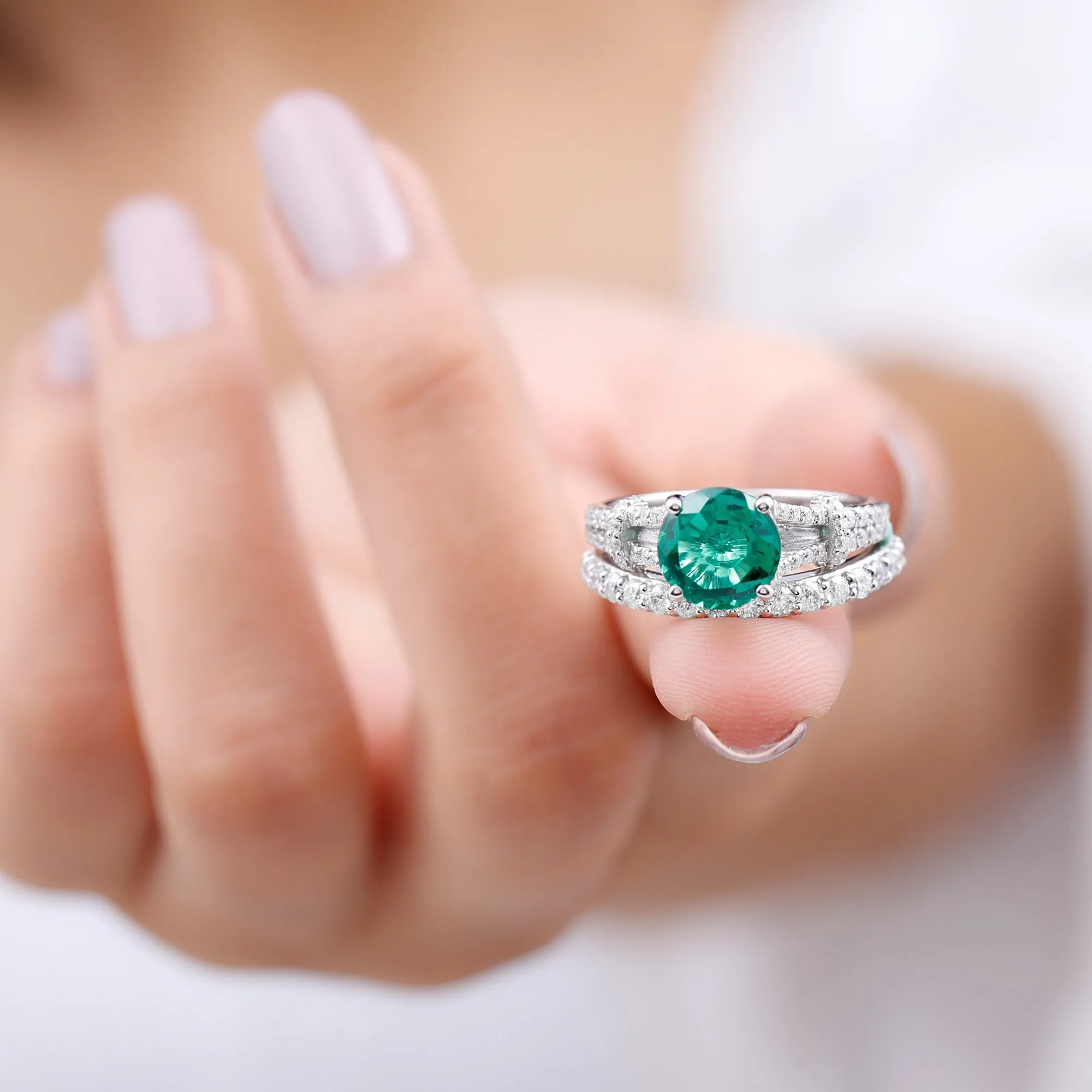 Split Shank Created Emerald Solitaire Wedding Ring Set with Moissanite