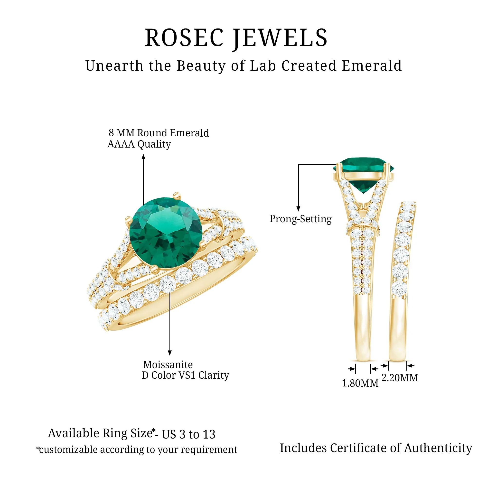 Split Shank Created Emerald Solitaire Wedding Ring Set with Moissanite