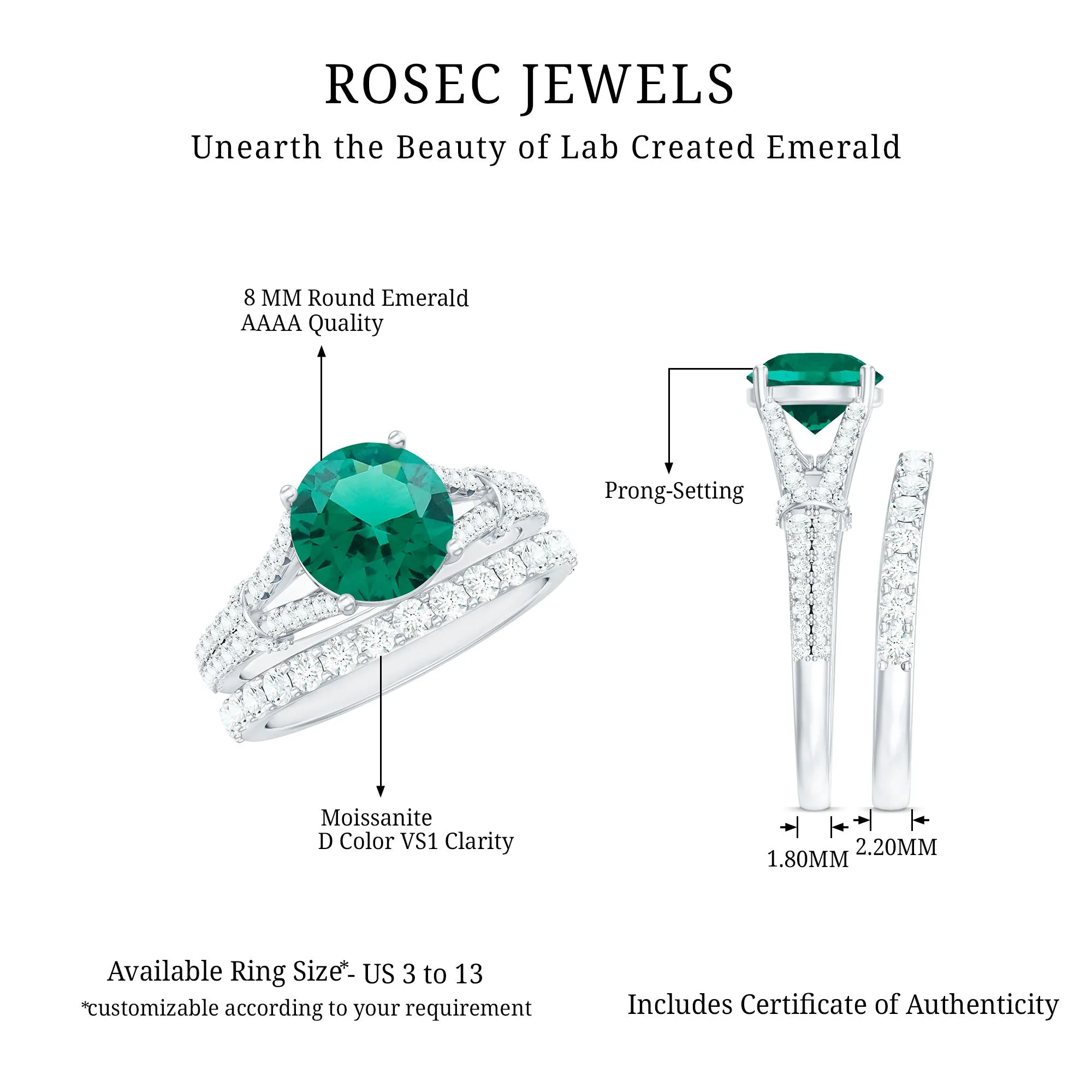 Split Shank Created Emerald Solitaire Wedding Ring Set with Moissanite