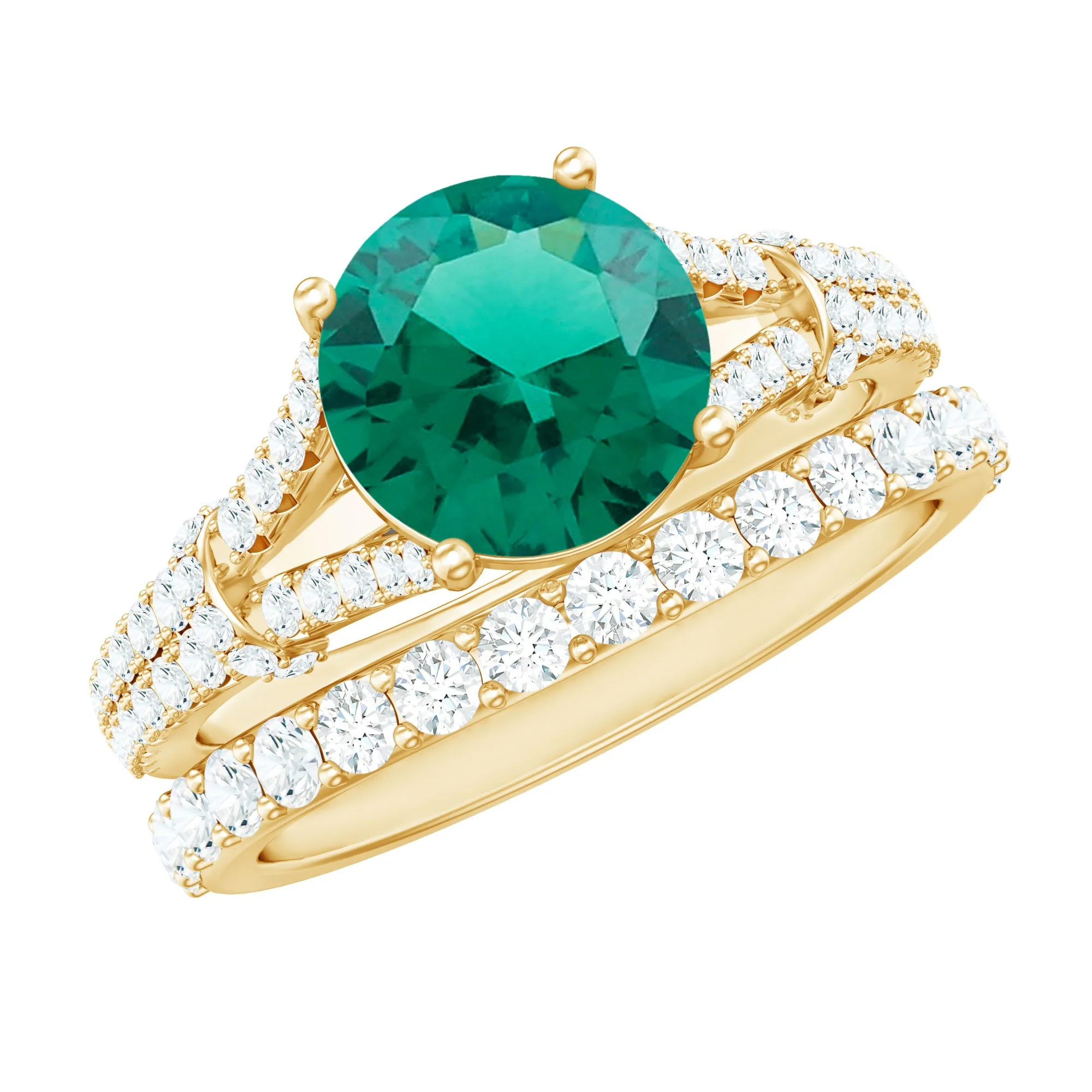 Split Shank Created Emerald Solitaire Wedding Ring Set with Moissanite