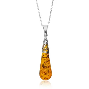 Sterling Silver Amber Free Form Long Drop Pendant