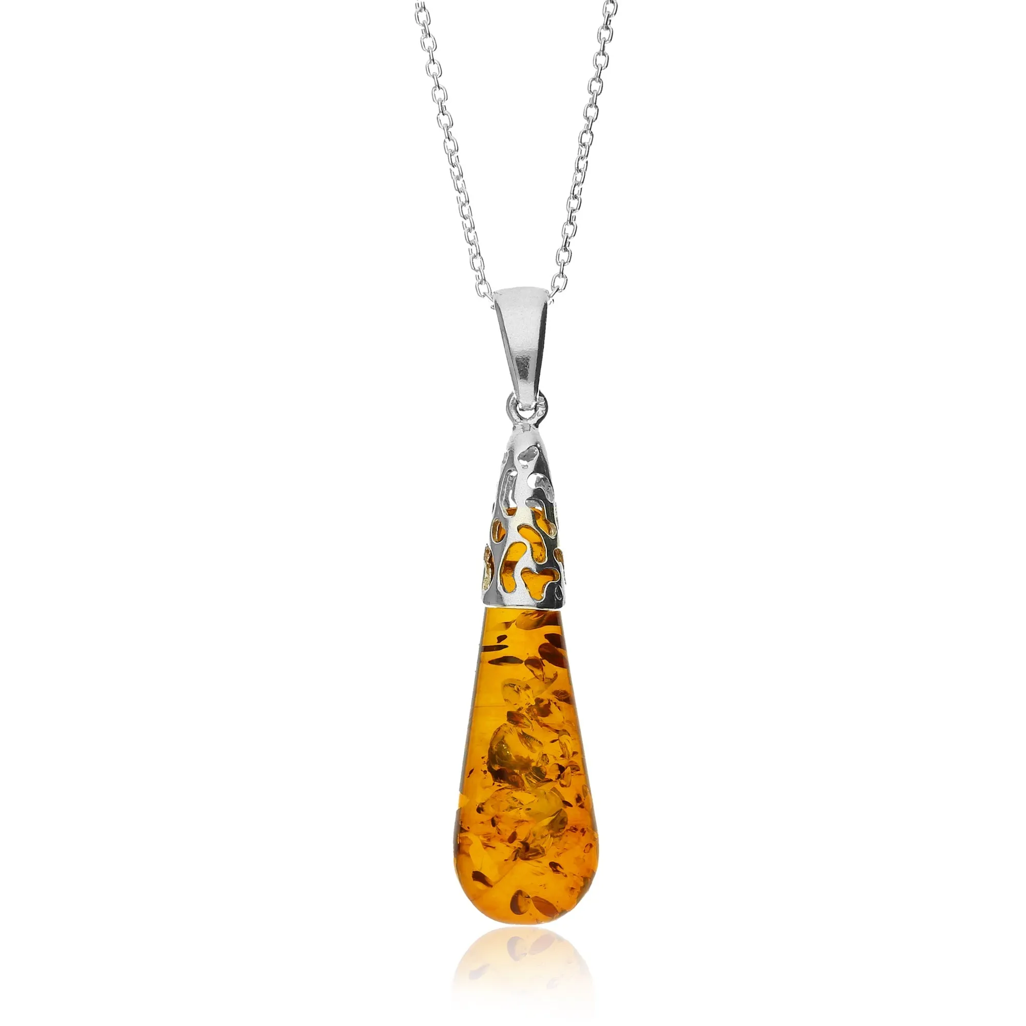 Sterling Silver Amber Free Form Long Drop Pendant