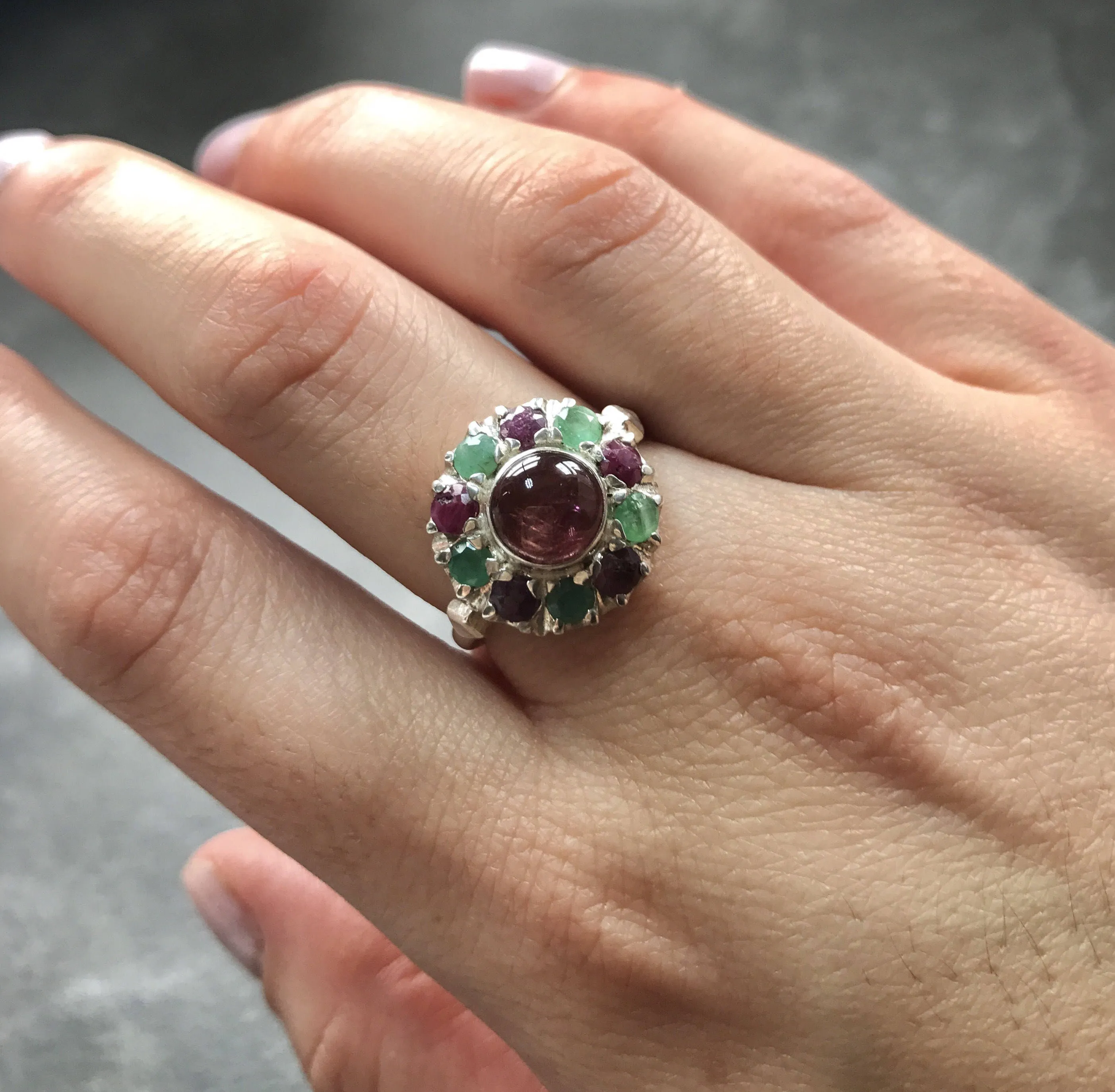 Tourmaline Ring - Pink Flower Ring - Colorful Victorian Ring