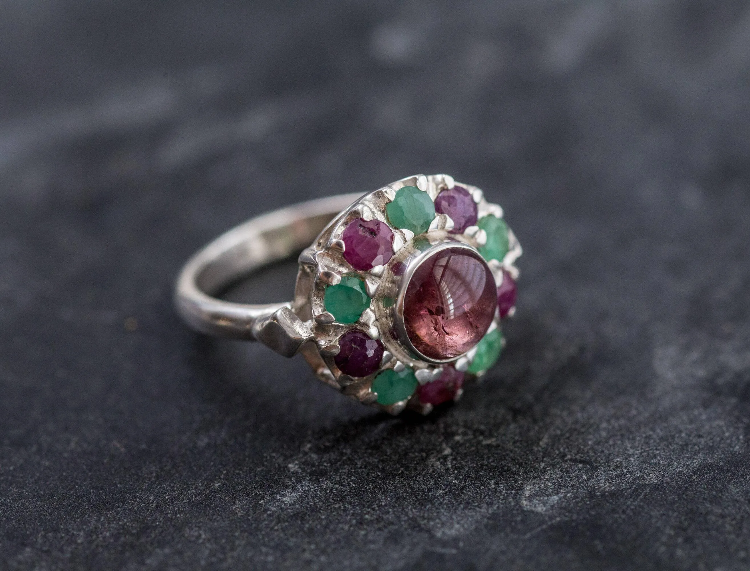 Tourmaline Ring - Pink Flower Ring - Colorful Victorian Ring