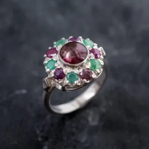 Tourmaline Ring - Pink Flower Ring - Colorful Victorian Ring