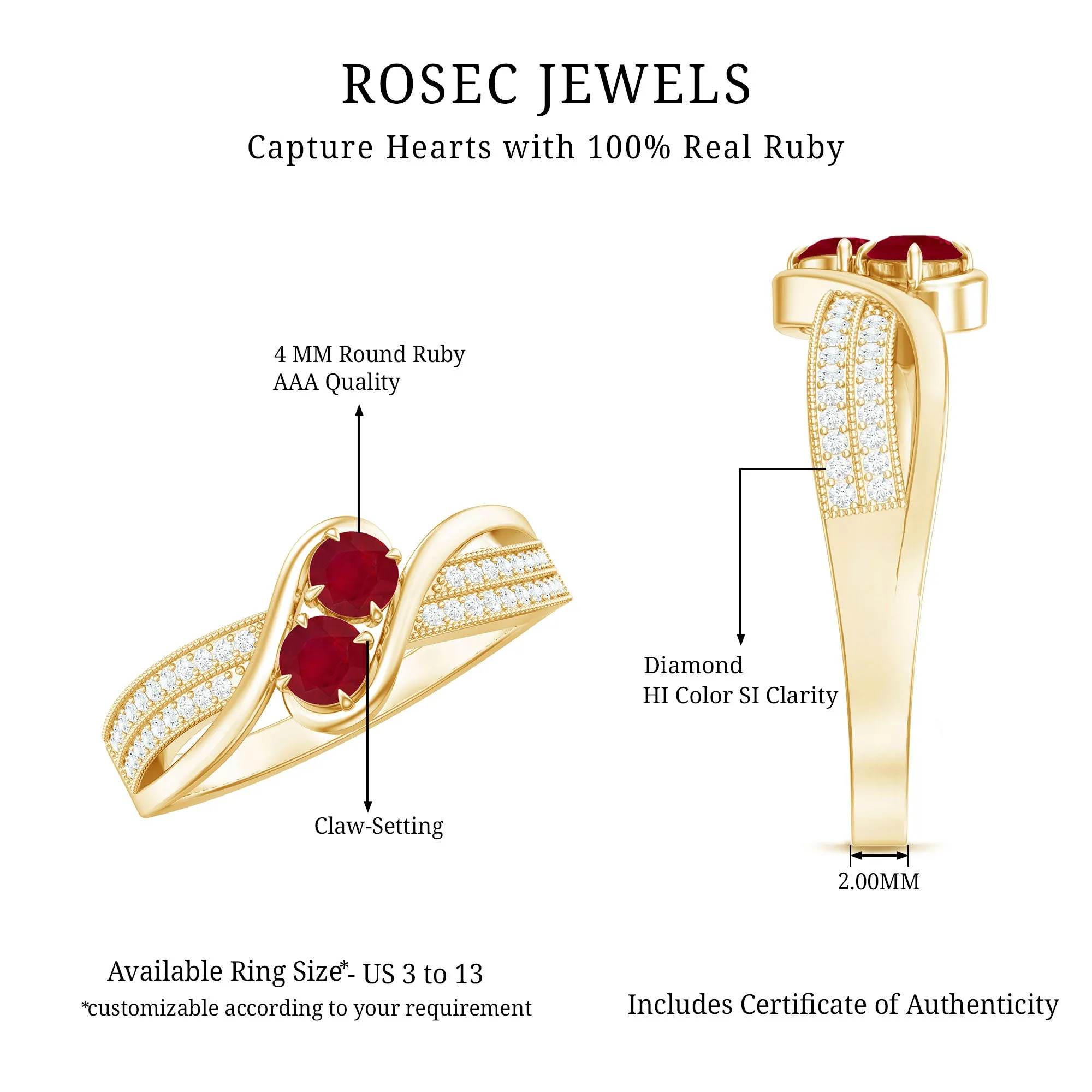 Two Stone Ruby Bypass Engagement Ring with Diamond