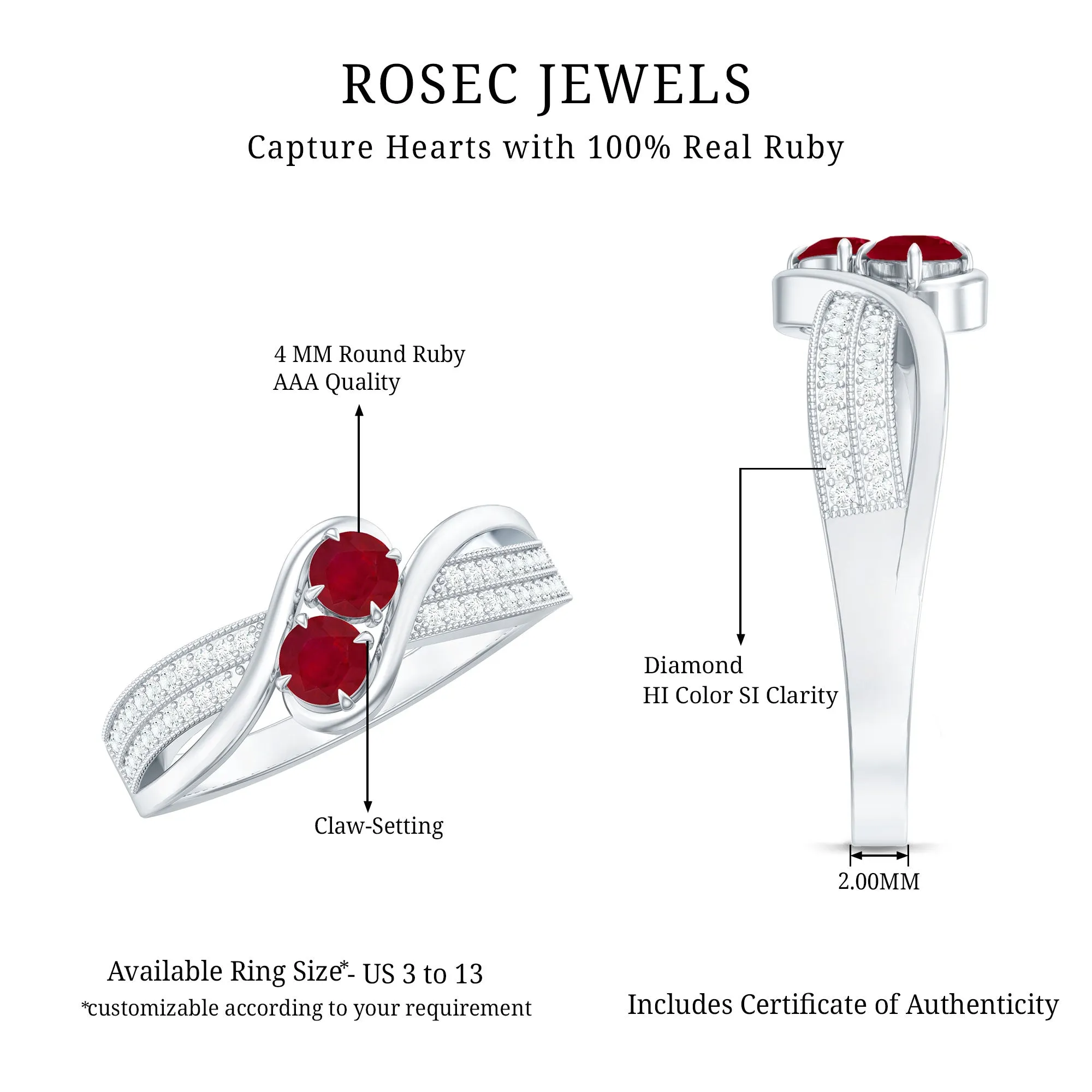 Two Stone Ruby Bypass Engagement Ring with Diamond