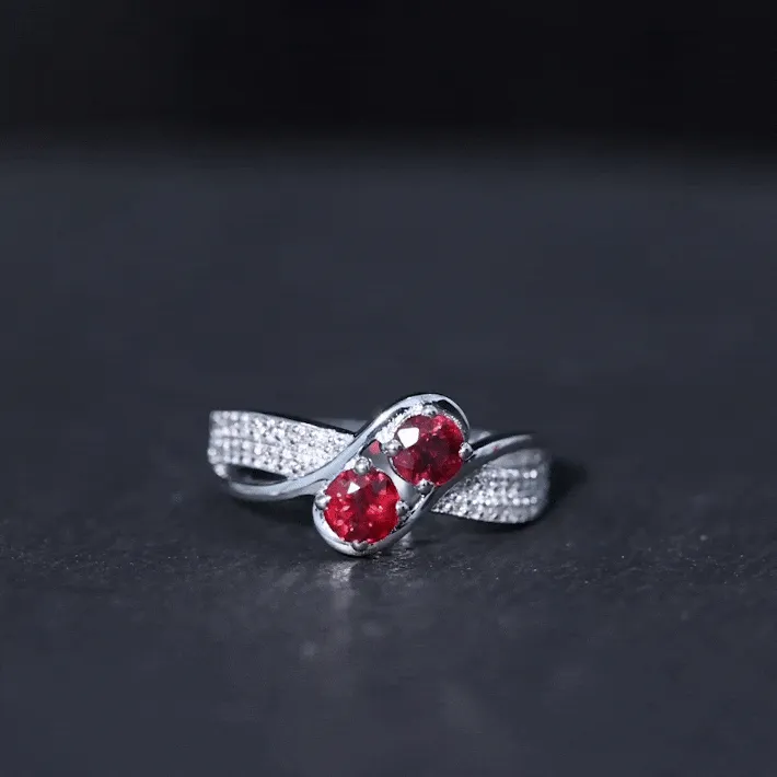 Two Stone Ruby Bypass Engagement Ring with Diamond