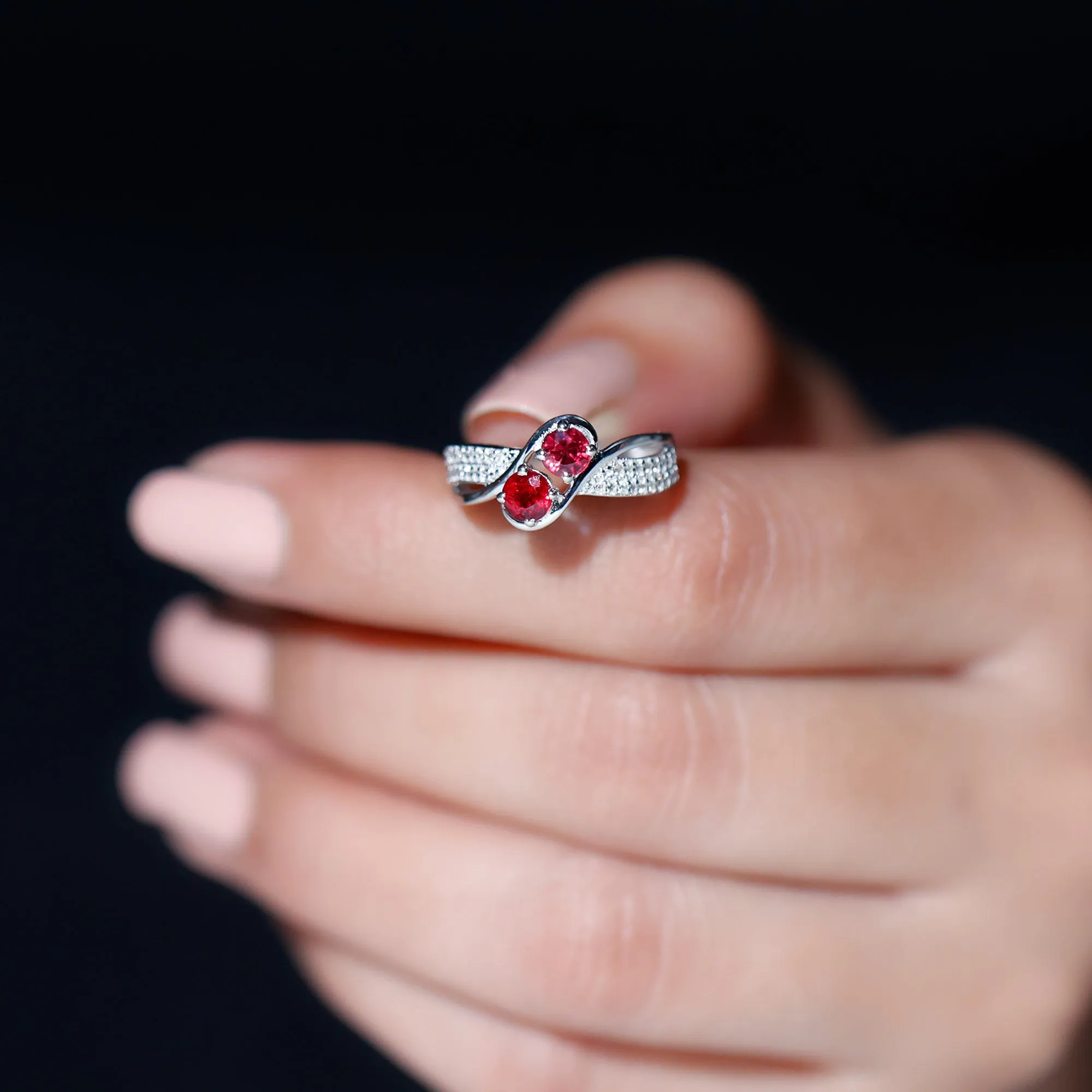Two Stone Ruby Bypass Engagement Ring with Diamond