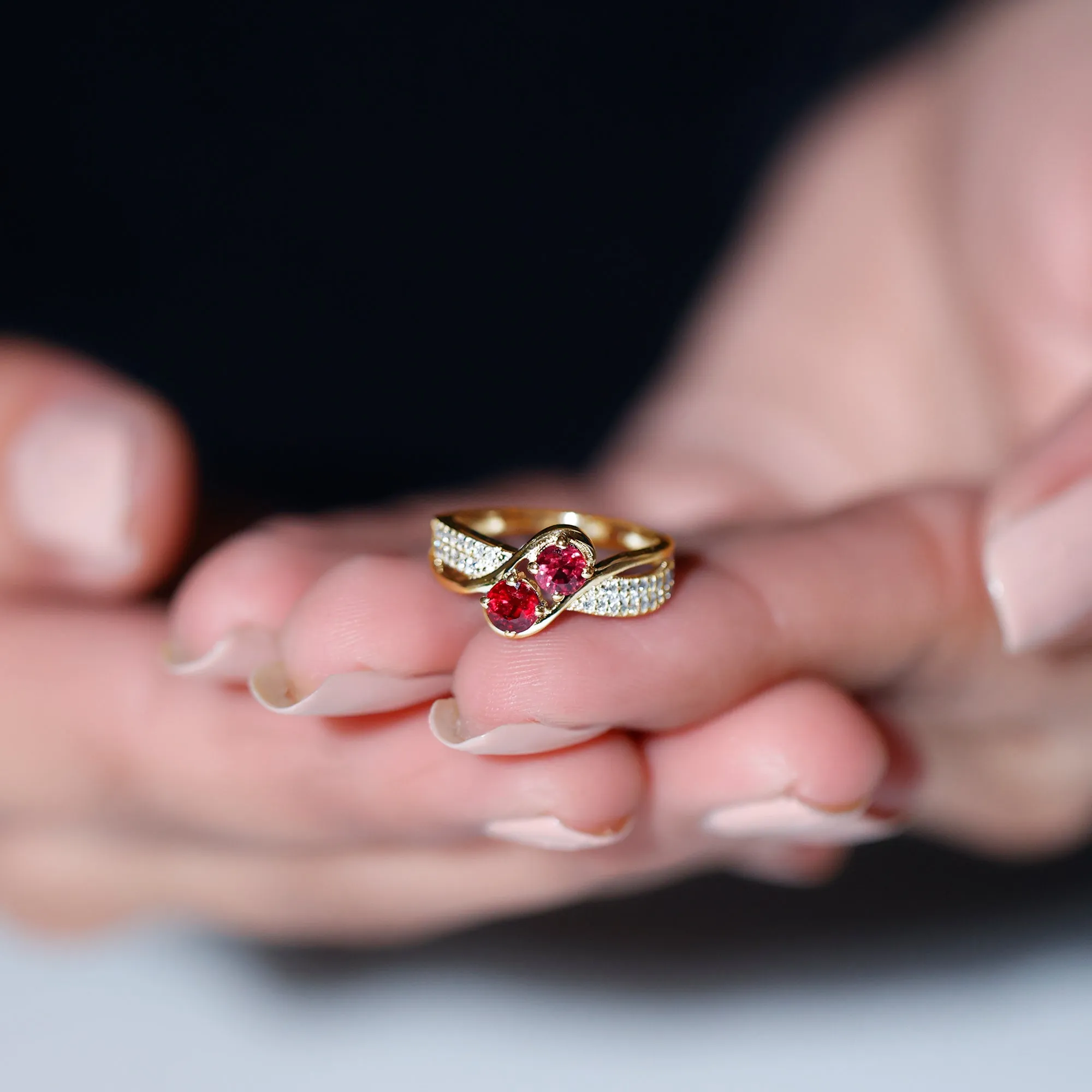 Two Stone Ruby Bypass Engagement Ring with Diamond