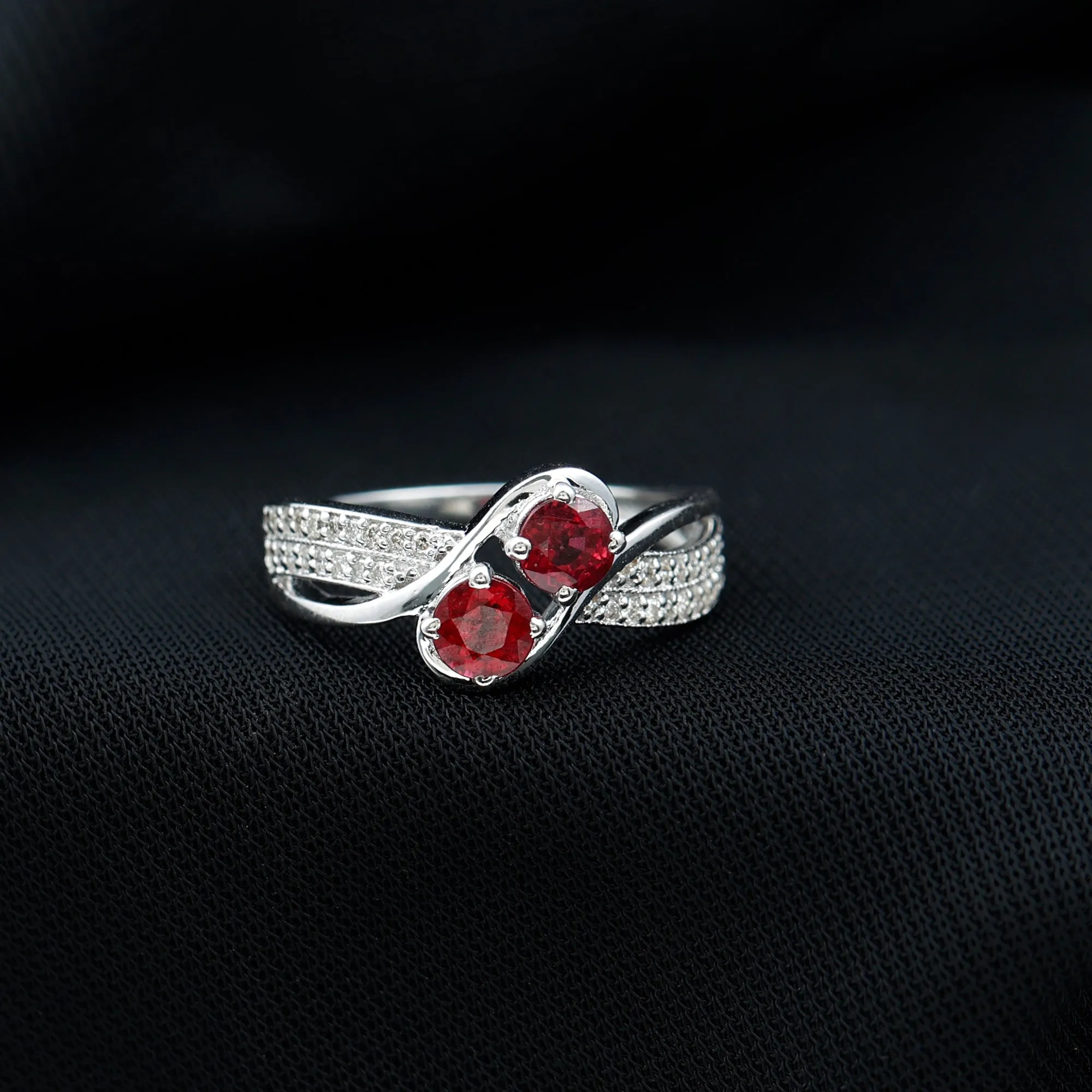 Two Stone Ruby Bypass Engagement Ring with Diamond