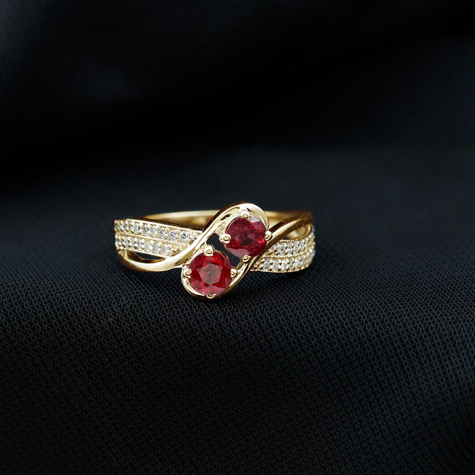 Two Stone Ruby Bypass Engagement Ring with Diamond