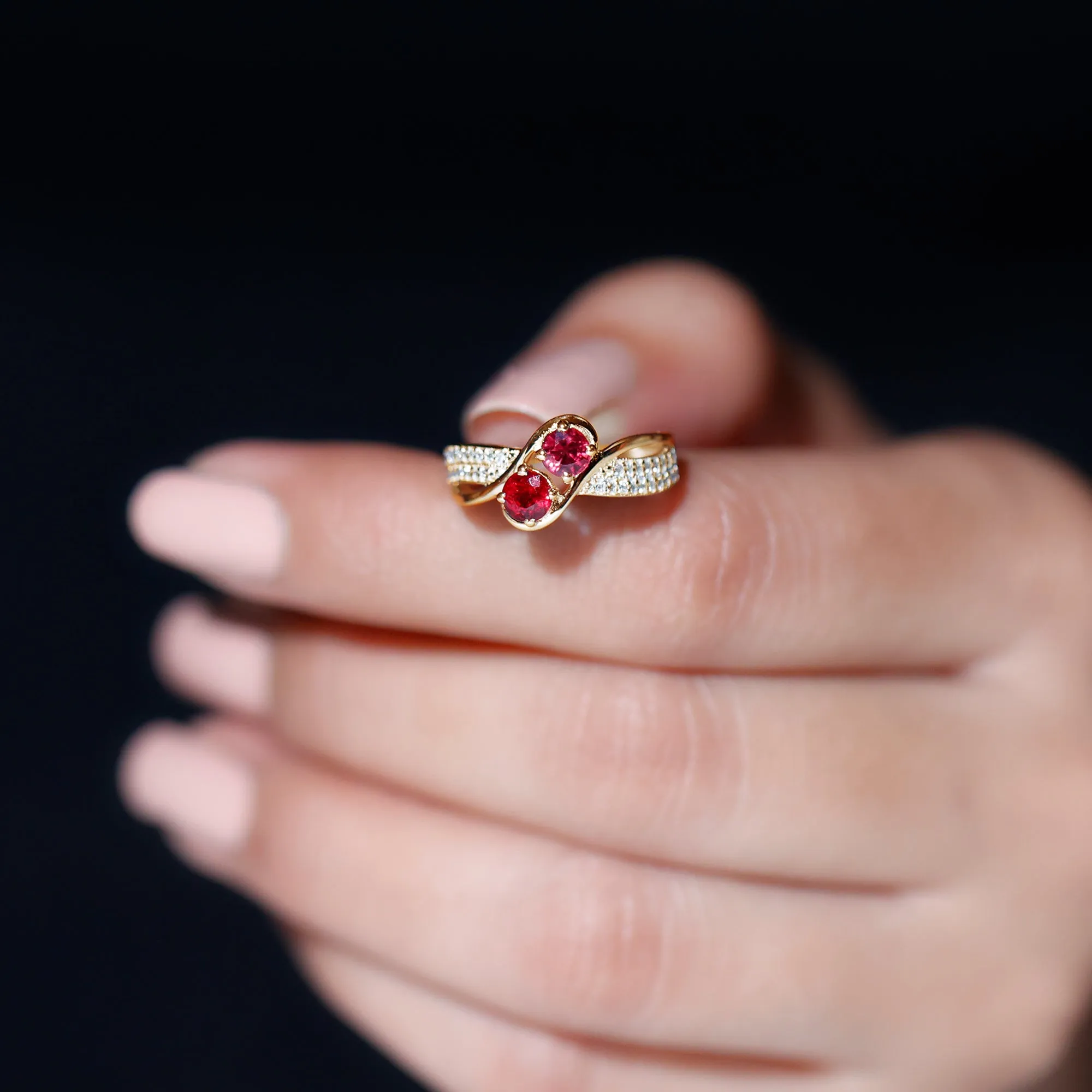 Two Stone Ruby Bypass Engagement Ring with Diamond